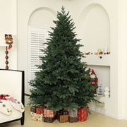 Bare 7ft spruce Christmas tree in a living room with wrapped presents at its base