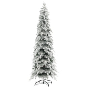 Studio shot of a slim 7ft snow-flocked Christmas tree on a black metal stand