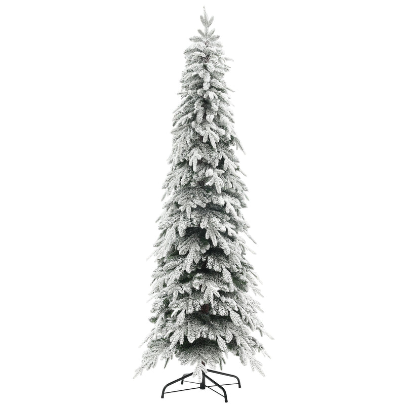 Studio shot of a slim 7ft snow-flocked Christmas tree on a black metal stand