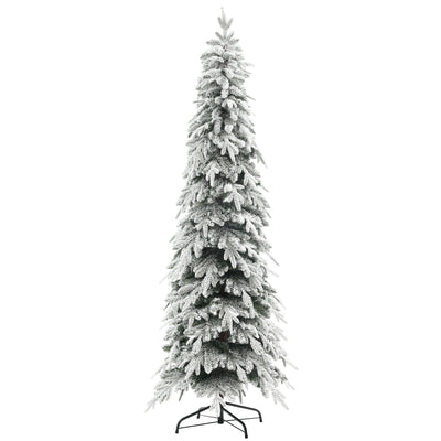 Studio shot of a slim 7ft snow-flocked Christmas tree on a black metal stand