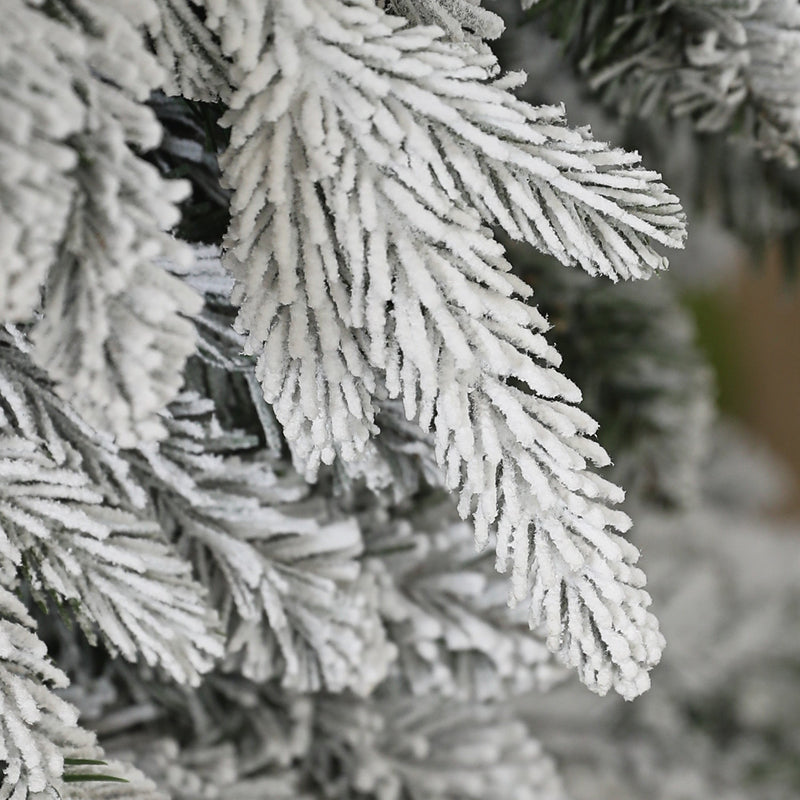 Macro of flocked branches and green needles