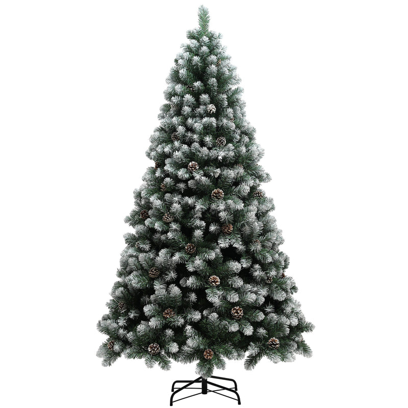 Studio shot of a 7ft snow-dipped pine Christmas tree on a black metal stand