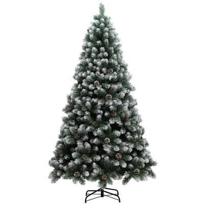 Studio shot of a 7ft snow-dipped pine Christmas tree on a black metal stand
