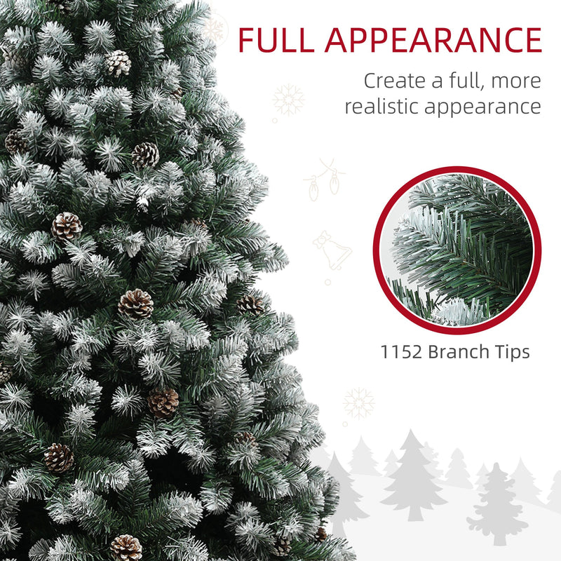 Close-up of snowy branches and pine cones with a 1152 branch tips callout