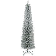 7ft white snow-flocked pencil Christmas tree on a green metal stand, studio shot