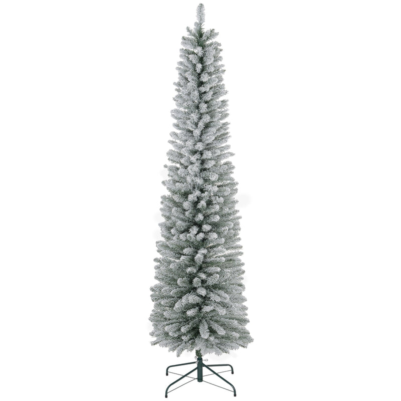7ft white snow-flocked pencil Christmas tree on a green metal stand, studio shot