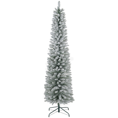 7ft white snow-flocked pencil Christmas tree on a green metal stand, studio shot