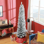 Snow-flocked 7ft pencil Christmas tree in a red living room with a red tree skirt and gifts