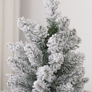 Close-up of white flocked branch tips and green needles at the top of the tree