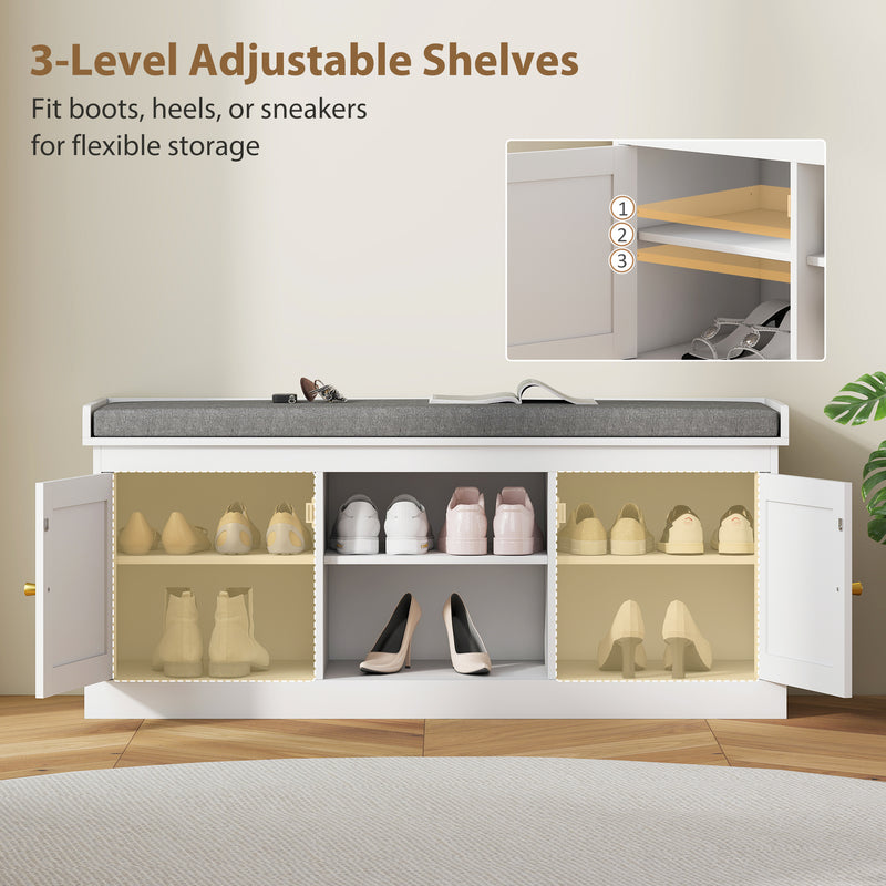 Boho Shoe Storage Bench With Padded Seat and Rattan Cabinet Doors Ideal for Hallway White 105x35x47cm