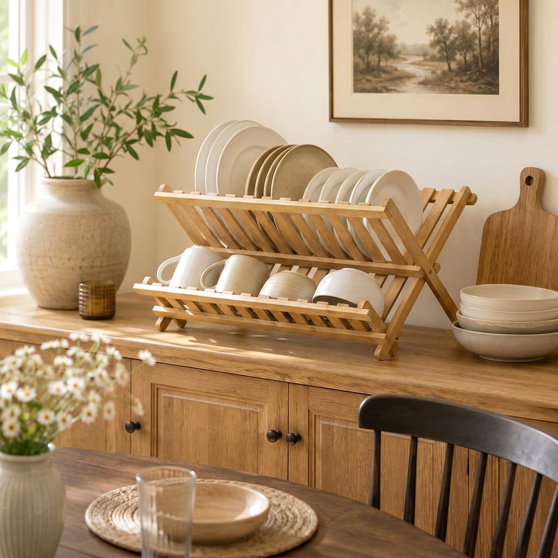 Foldable Bamboo Dish Drying Rack for Small Kitchens Two Tier Space Saving Natural Wood
