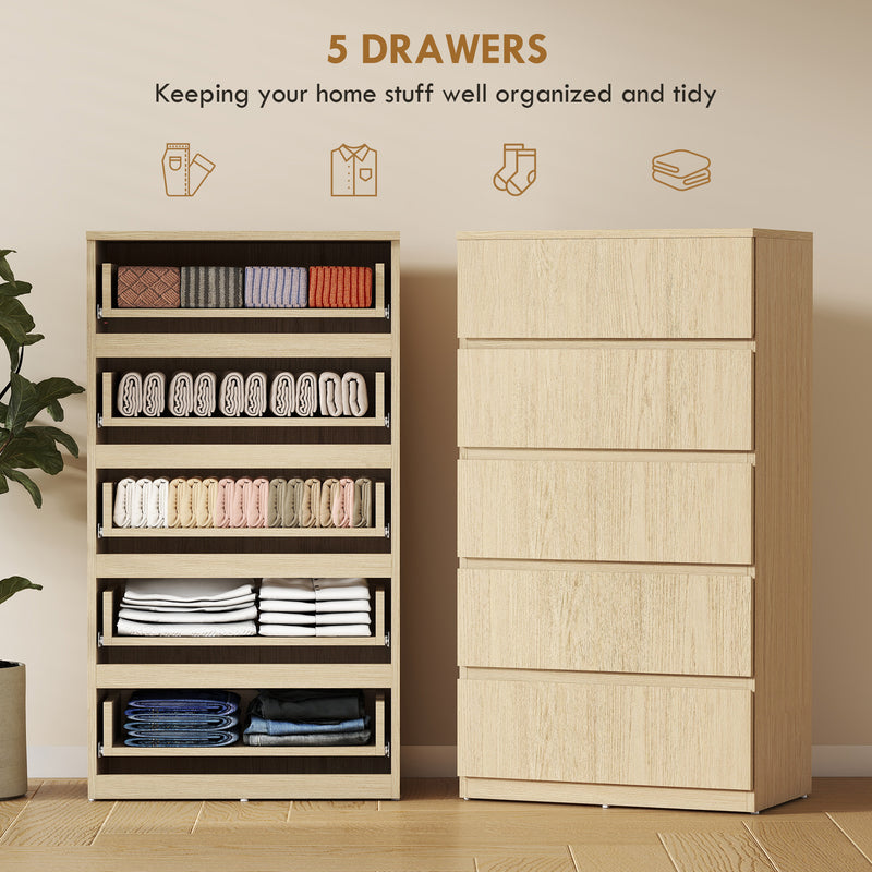 Chest of Drawers with 5 Spacious Handleless Drawers for Bedroom Storage Natural Wood AOSOM