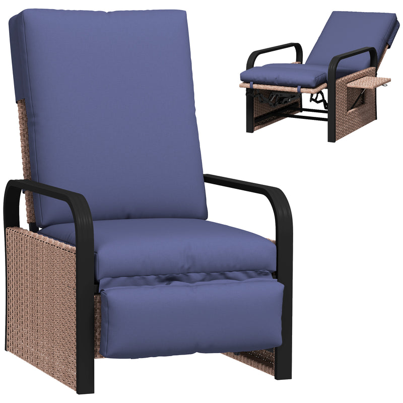Rattan Garden Recliner Chair with Cushion Side Tray and Adjustable Footrest by Outsunny