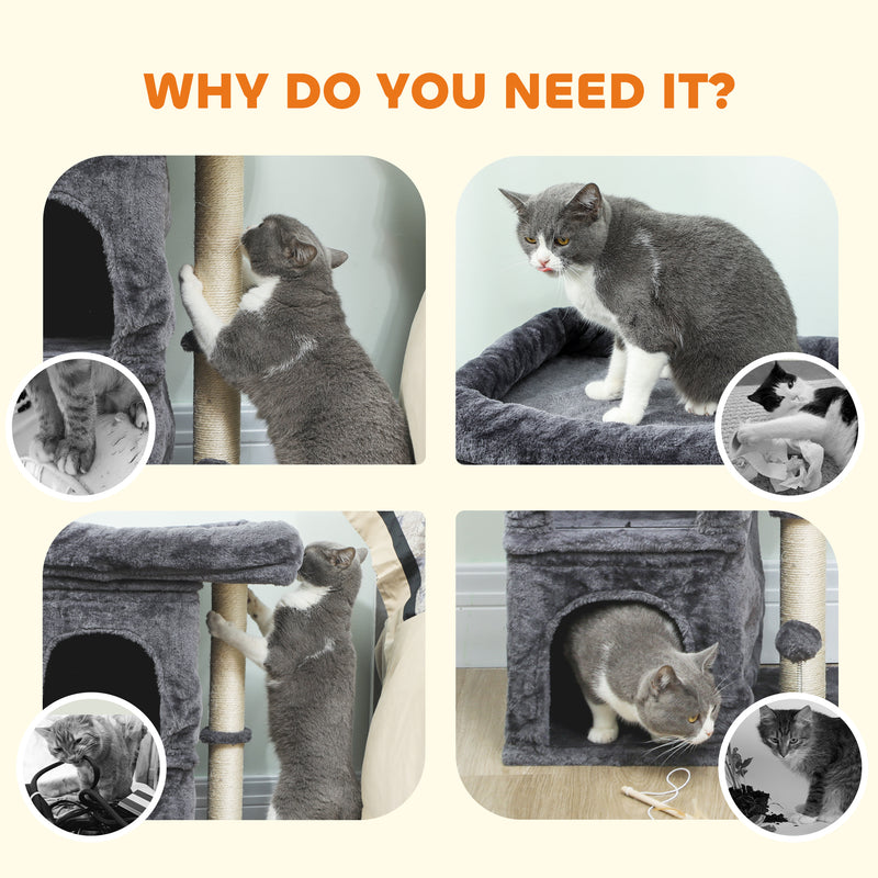 Cat Tree Tower with Two Condos and Scratching Post for Large Cats 66cm Dark Grey AOSOM