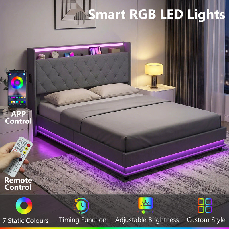 King Size Ottoman Storage Bed Frame with USB Charging and LED Lighting Dark Grey AOSOM