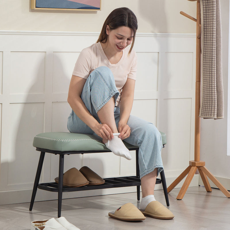 PU Leather Shoe Storage Bench With Padded Seat and Hidden Compartment, Green