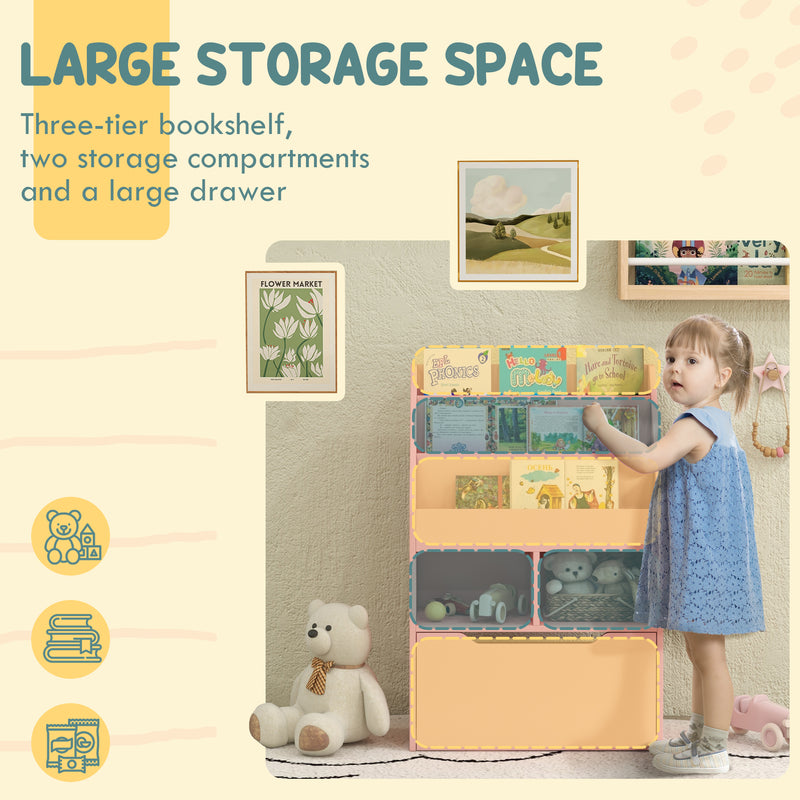 Kids Bookshelf and Toy Organiser with Drawer and Wheels for Easy Storage, Pink