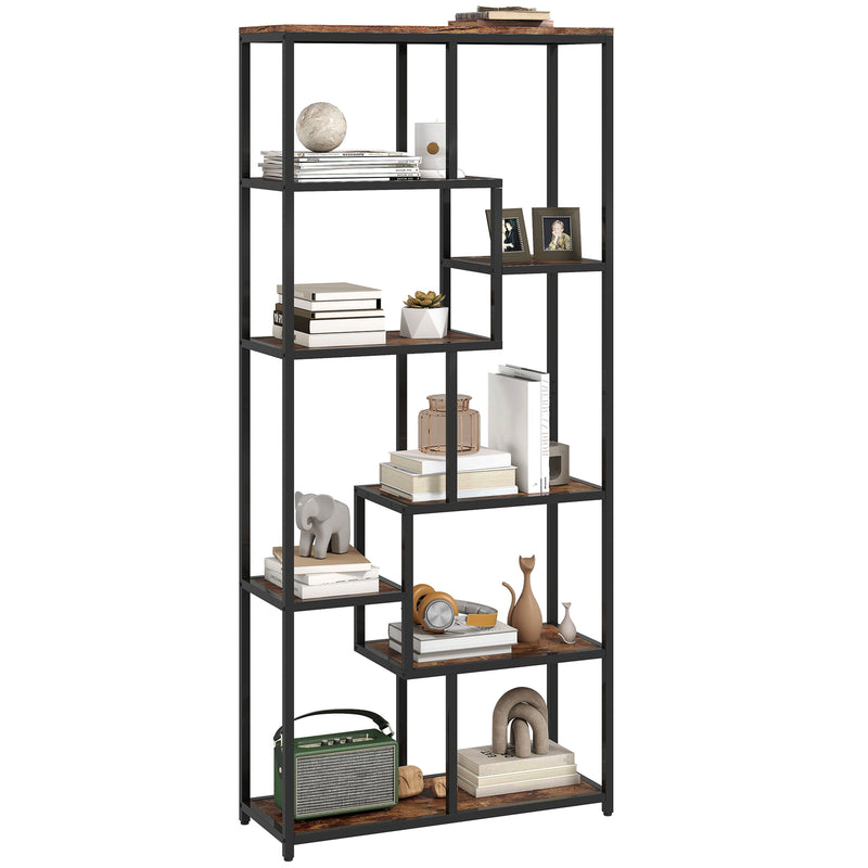 Seven Tier Geometric Bookcase With Open Shelves For Modern Home Storage Brown Black