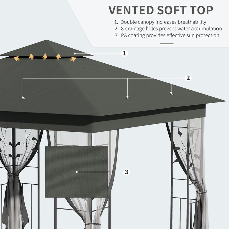 Grey 3 x 3m Steel Frame Garden Gazebo with Drapes, Double Roof for Outdoor Shade