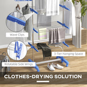 Folding Three Tier Clothes Airer With Side Arms And Wheels For Indoor Drying, Blue