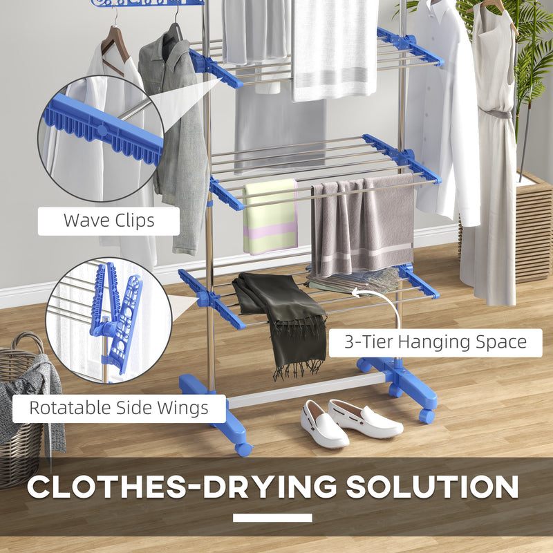 Folding Three Tier Clothes Airer With Side Arms And Wheels For Indoor Drying, Blue