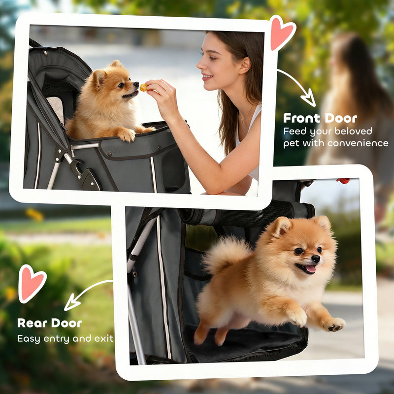 Foldable Pet Stroller With 360 Swivel Wheels And Reflective Strips For Dogs And Cats Dark Grey