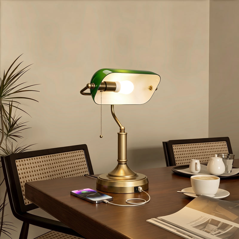 Bedside Table Lamp with Adjustable Shade and Built In USB Charging Ports Green
