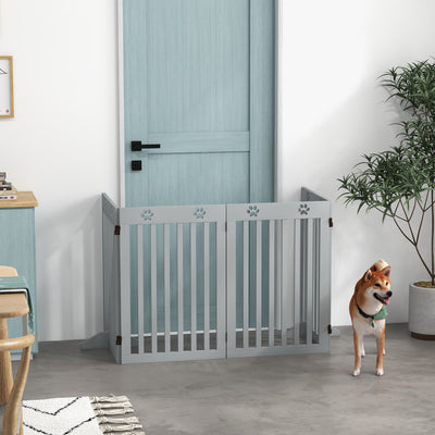 Grey Wooden Foldable Freestanding Pet Safety Gate with Support Feet by PawHut