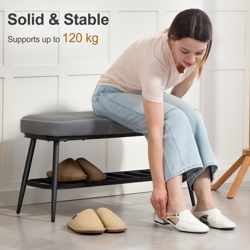 PU Leather Shoe Storage Bench With Padded Seat and Hidden Compartment, Grey