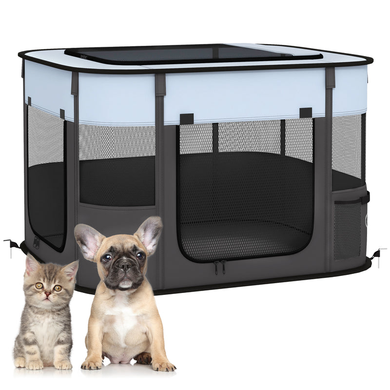 Foldable Dog Playpen with Ground Stakes and Storage Bag for Indoor and Outdoor Use Grey
