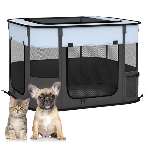 Foldable Dog Playpen with Ground Stakes and Storage Bag for Indoor and Outdoor Use Grey