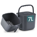 SONGMICS 7L grey compost bin shown open with lid and strainer basket removed