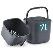 SONGMICS 7L grey compost bin shown open with lid and strainer basket removed