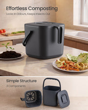 Compost bin lifestyle shot showing food scraps and the bin's 3-piece structure of lid, basket and bin
