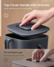 Close-up of the grooved lid handle being opened with a wet hand