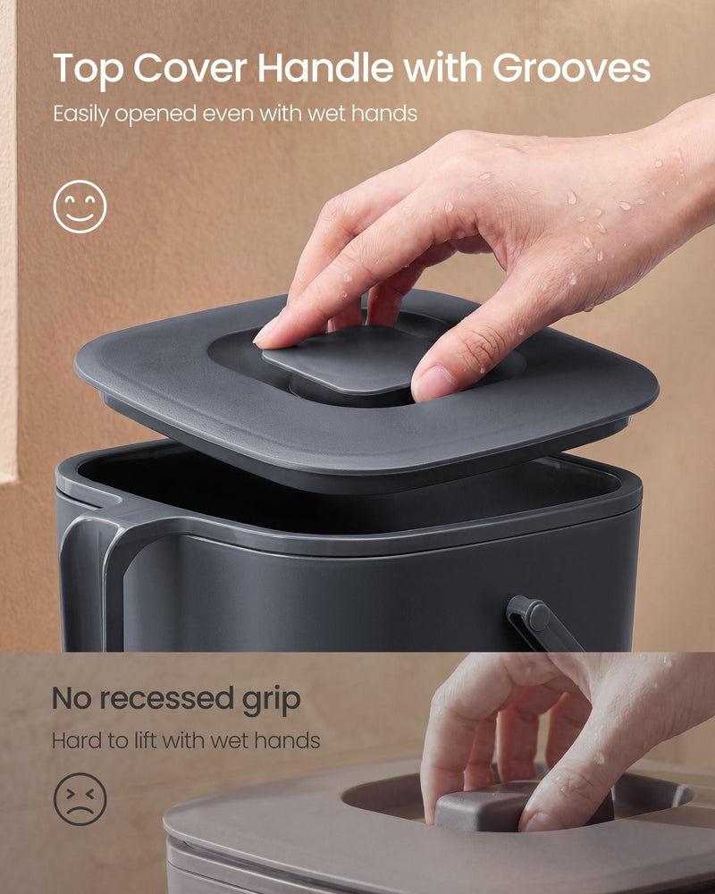 Close-up of the grooved lid handle being opened with a wet hand