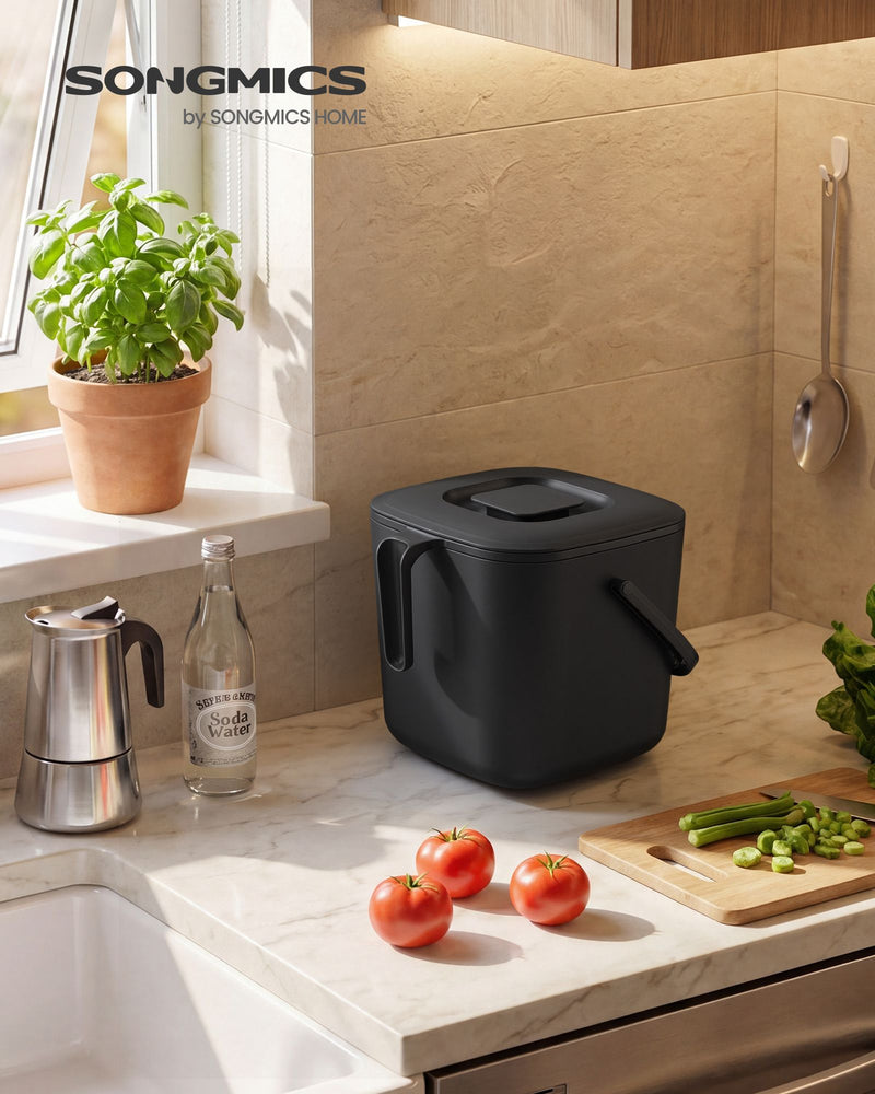 Songmics compost bin on a kitchen counter beside fresh tomatoes and basil