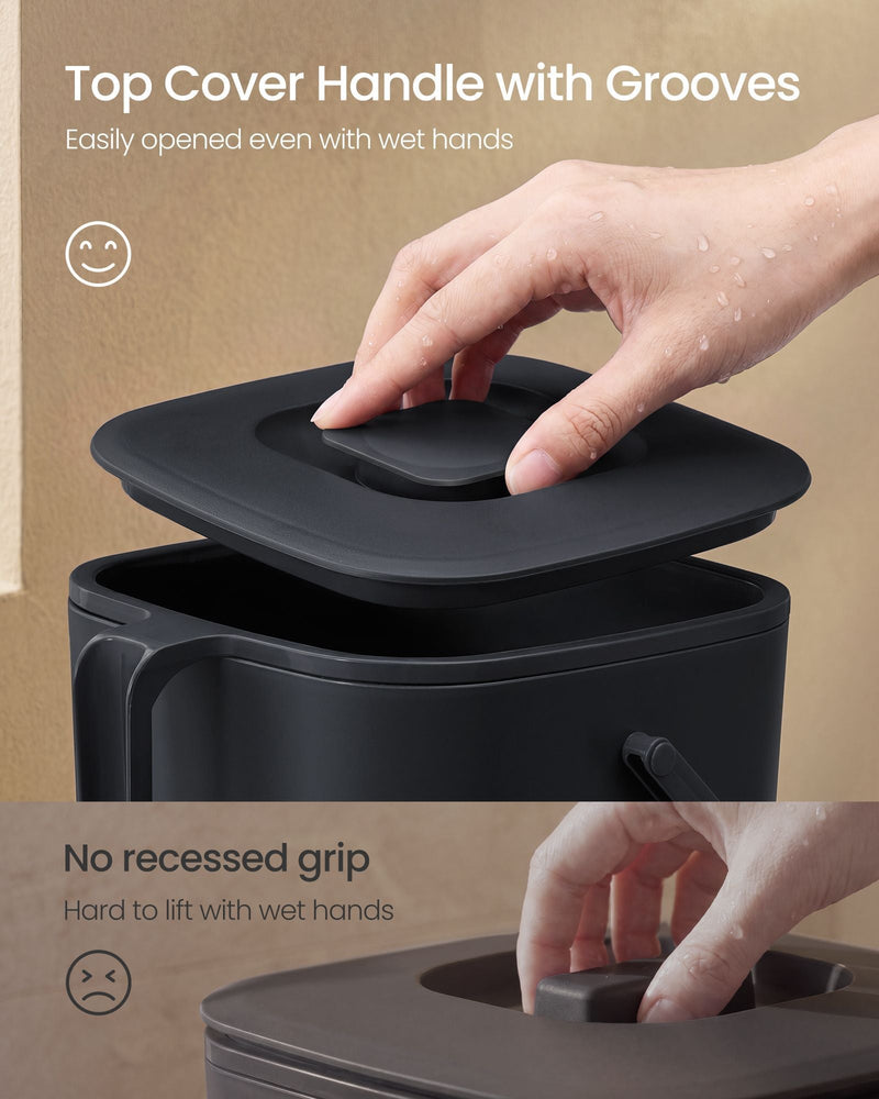 Close-up of the grooved lid handle on the Songmics compost bin, opened with wet hands