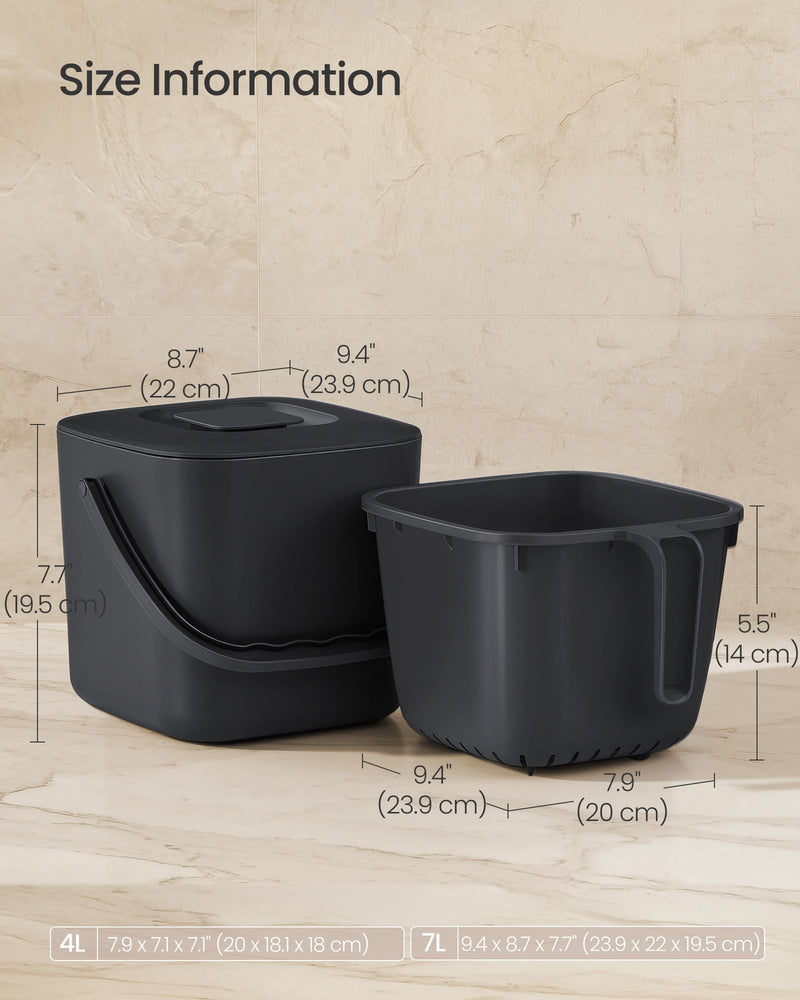Dimension diagram of the Songmics 7L compost bin: 23.9 x 22 x 19.5 cm