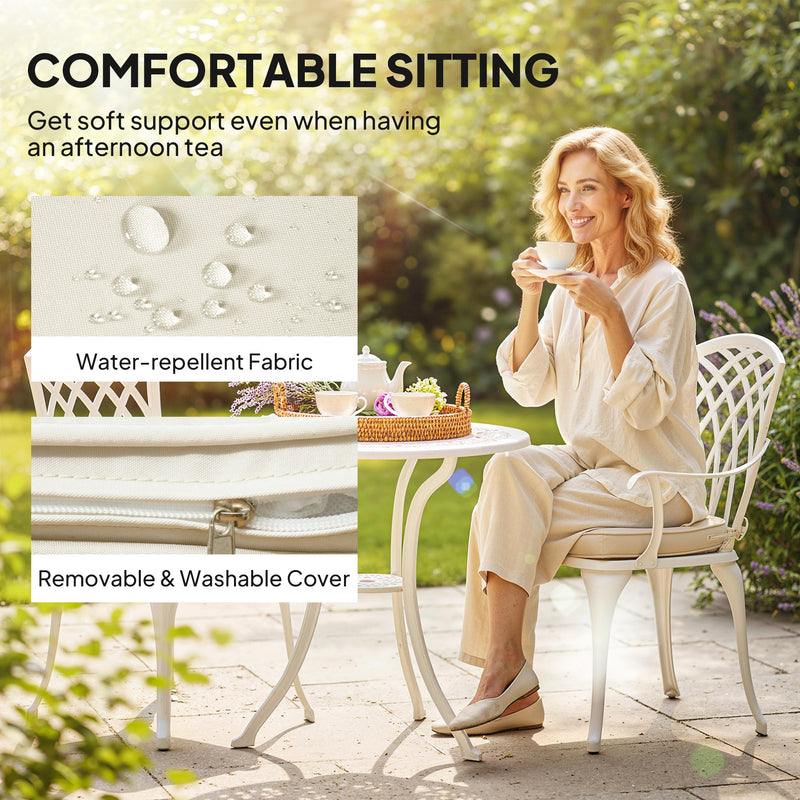 Garden Bistro Set for 2 with Cushions and Parasol Hole, Cast Aluminium White Outsunny