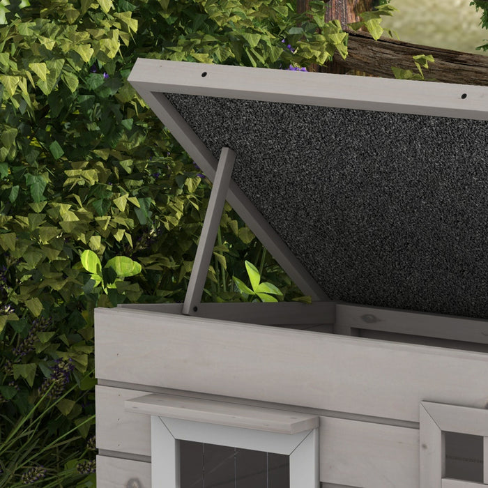 Grey Wooden Outdoor Cat House Raised Shelter with Openable Roof and Window by PawHut