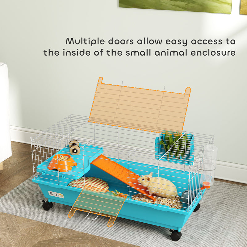 Small Animal Cage with Deep Base and Easy Access Doors for Rabbits and Guinea Pigs Blue AOSOM