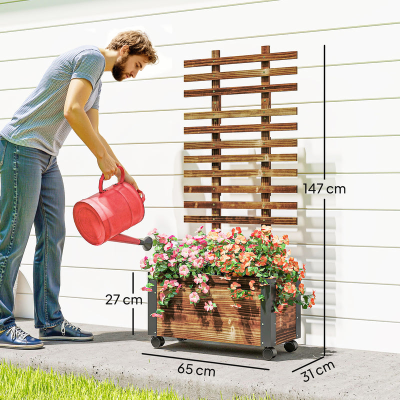 Wooden Raised Garden Bed With Trellis and Wheels for Outdoor Planting Greenhouse Brown Outsunny