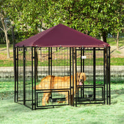Outdoor Dog Kennel with Rotating Bowl Holders and UV Resistant Cover Red by PawHut