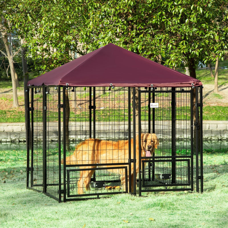 Outdoor Dog Kennel with Rotating Bowl Holders and UV Resistant Cover Red by PawHut