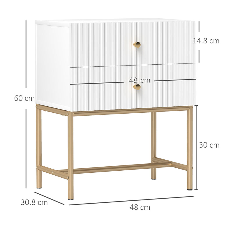 White 2 Drawer Bedside Table With Gold Legs Elegant Bedroom Storage by HOMCOM