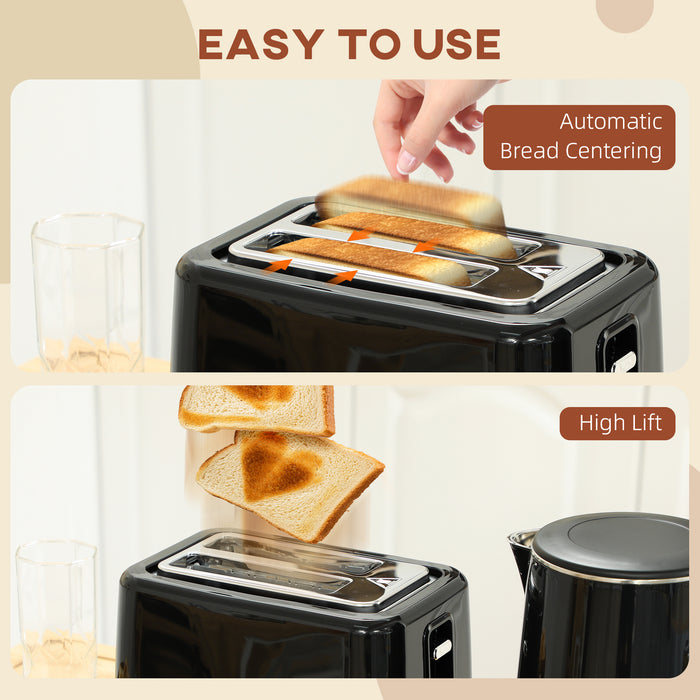 Black 1.5L 3000W Fast Boil Kettle and 2 Slice Toaster Set With 7 Browning Levels by HOMCOM