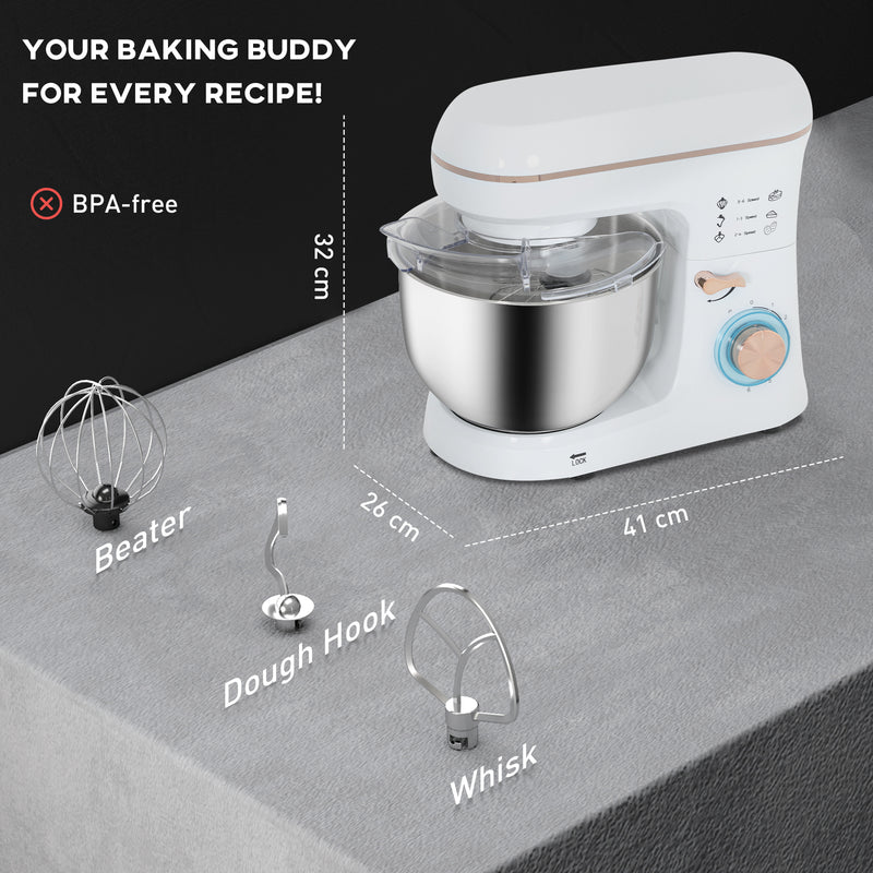 White 1400W Stand Mixer 5L with 6 Speeds Dough Hook Whisk and Splash Guard by HOMCOM