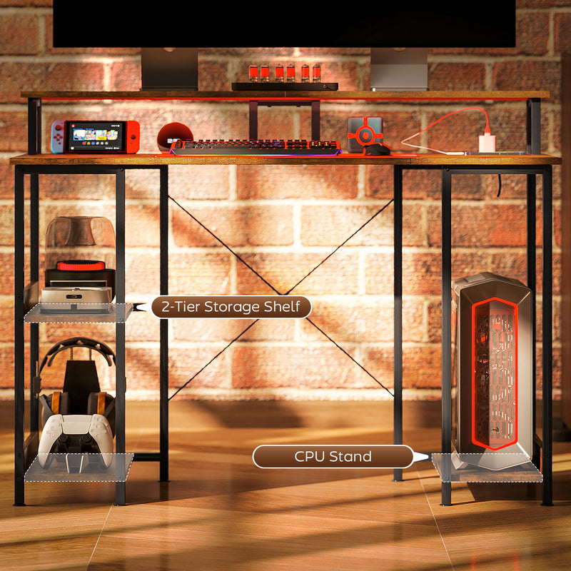 Rustic Brown Computer Desk with LED Lights and Power Outlets 120cm by HOMCOM