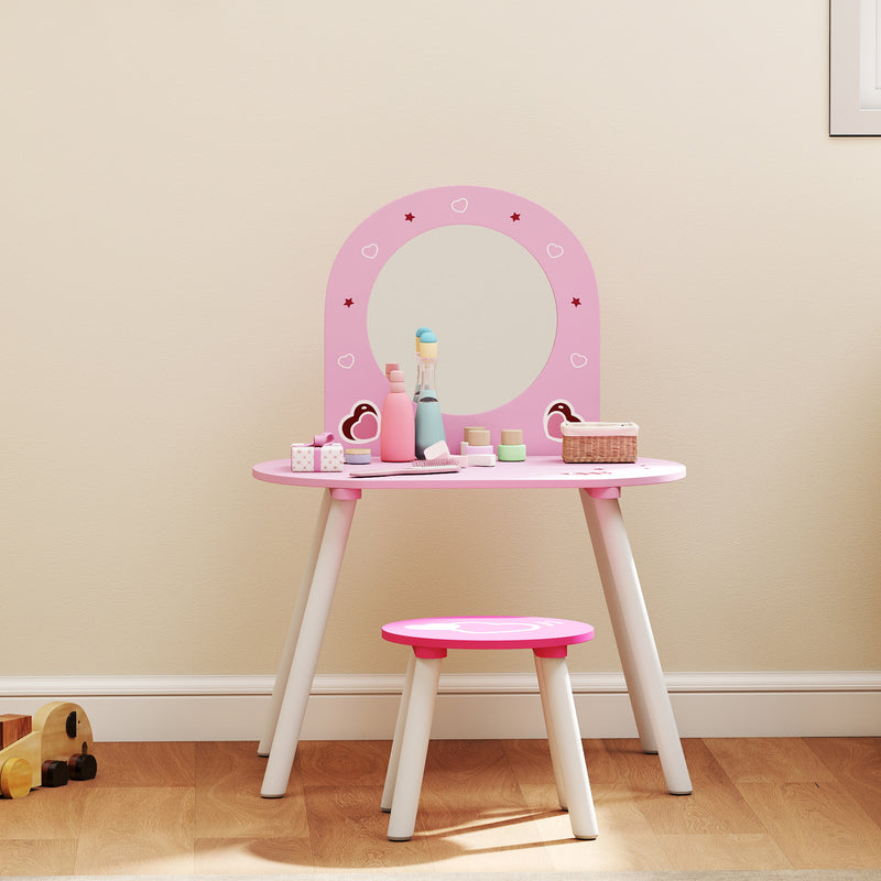 Kids Vanity Table with Mirror and Stool for Bedroom or Nursery Ages 3 to 6 Pink AOSOM